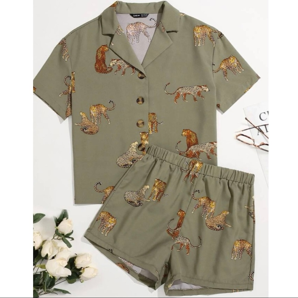 Cheetah Print Lapel Collar Button Front Blouse with Shorts